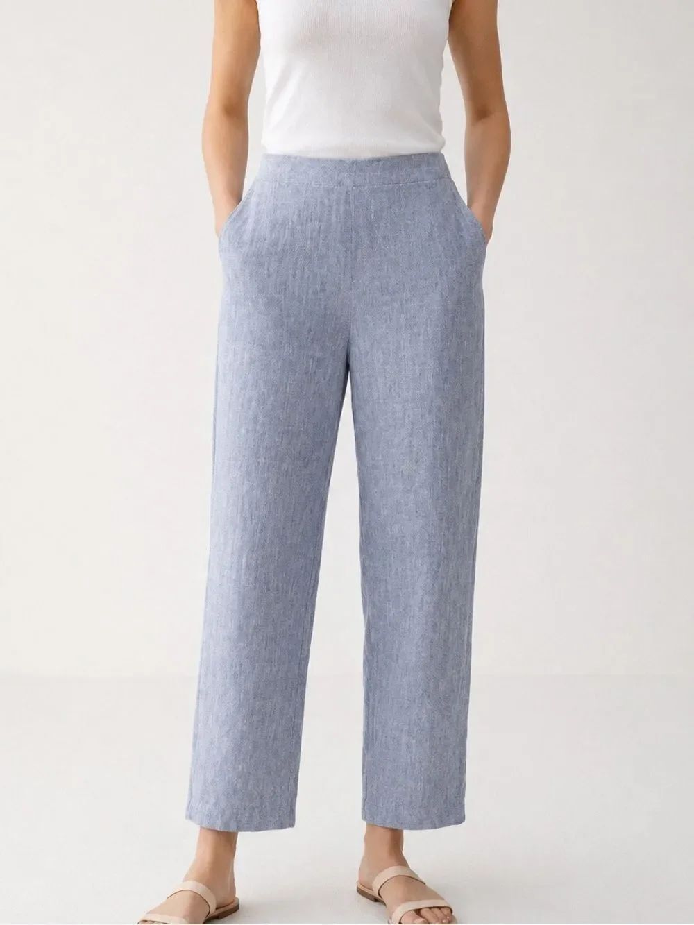 J. Jill Love Linen Blue Pull On Pants Relaxed Tapered Petite Large